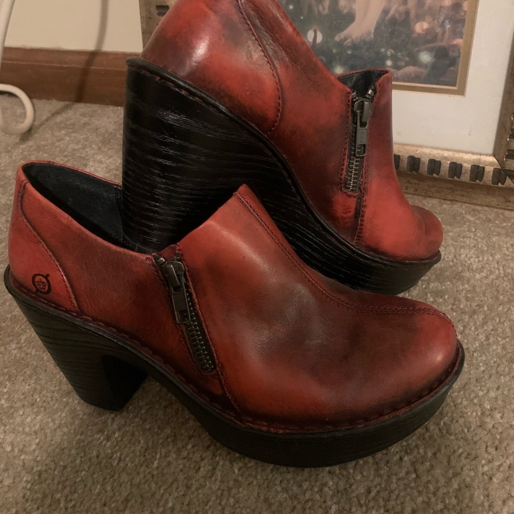 Born Famke Red Leather Clog Platform Heel Bootie